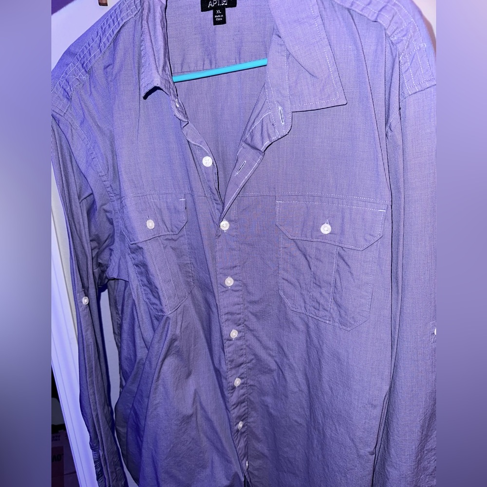 XL purple mens casual button down with elbow buttons to secure rolled up sleeves